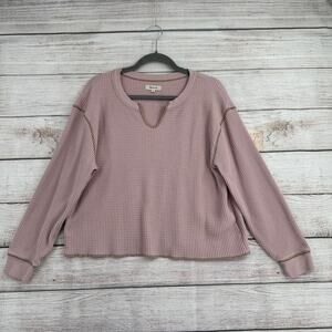Madewell Waffle Split‎ Neck Crop T-Shirt Womens Large Pink Rough Hem